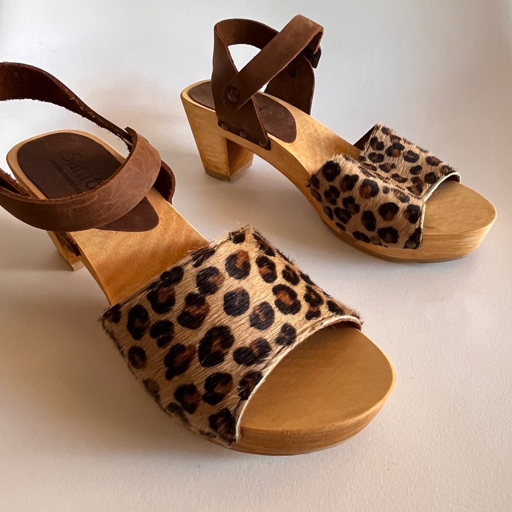 Sanita Camilla Leopard Calf Hair Wooden Clog Sandals Women EU 37 US 6.5 7